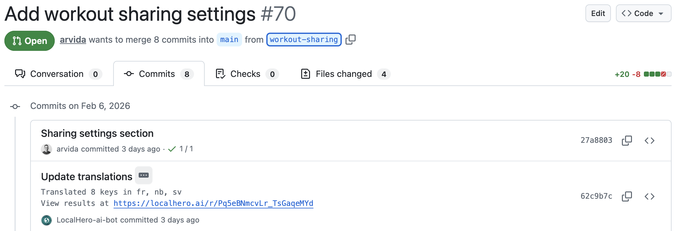 Localhero.ai CLI translating in a PR